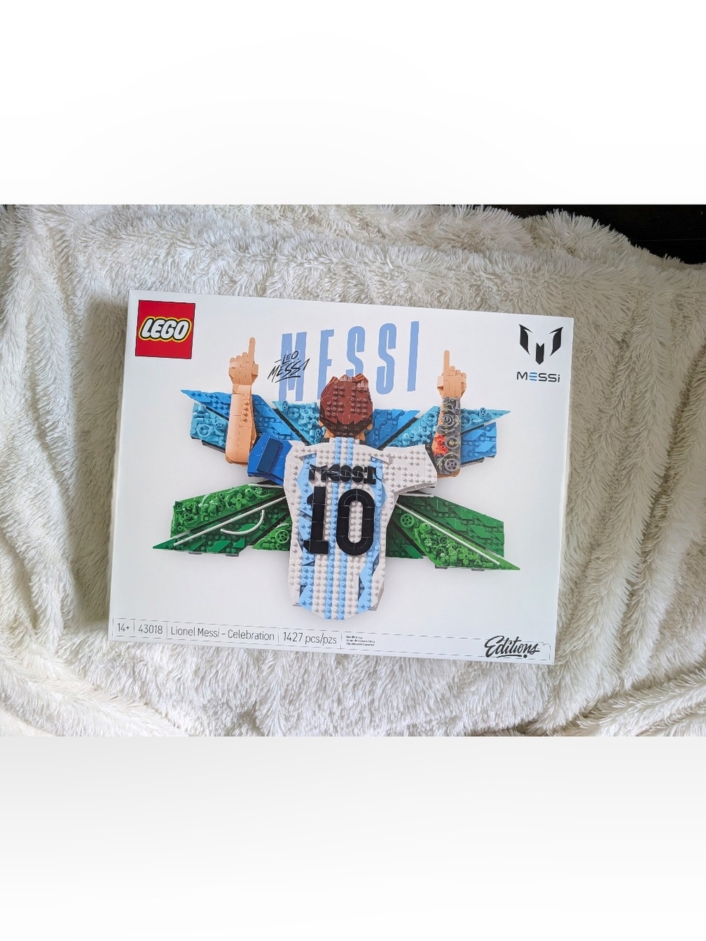 Lego Messi Celebration Box in White, Blue, Green and Black